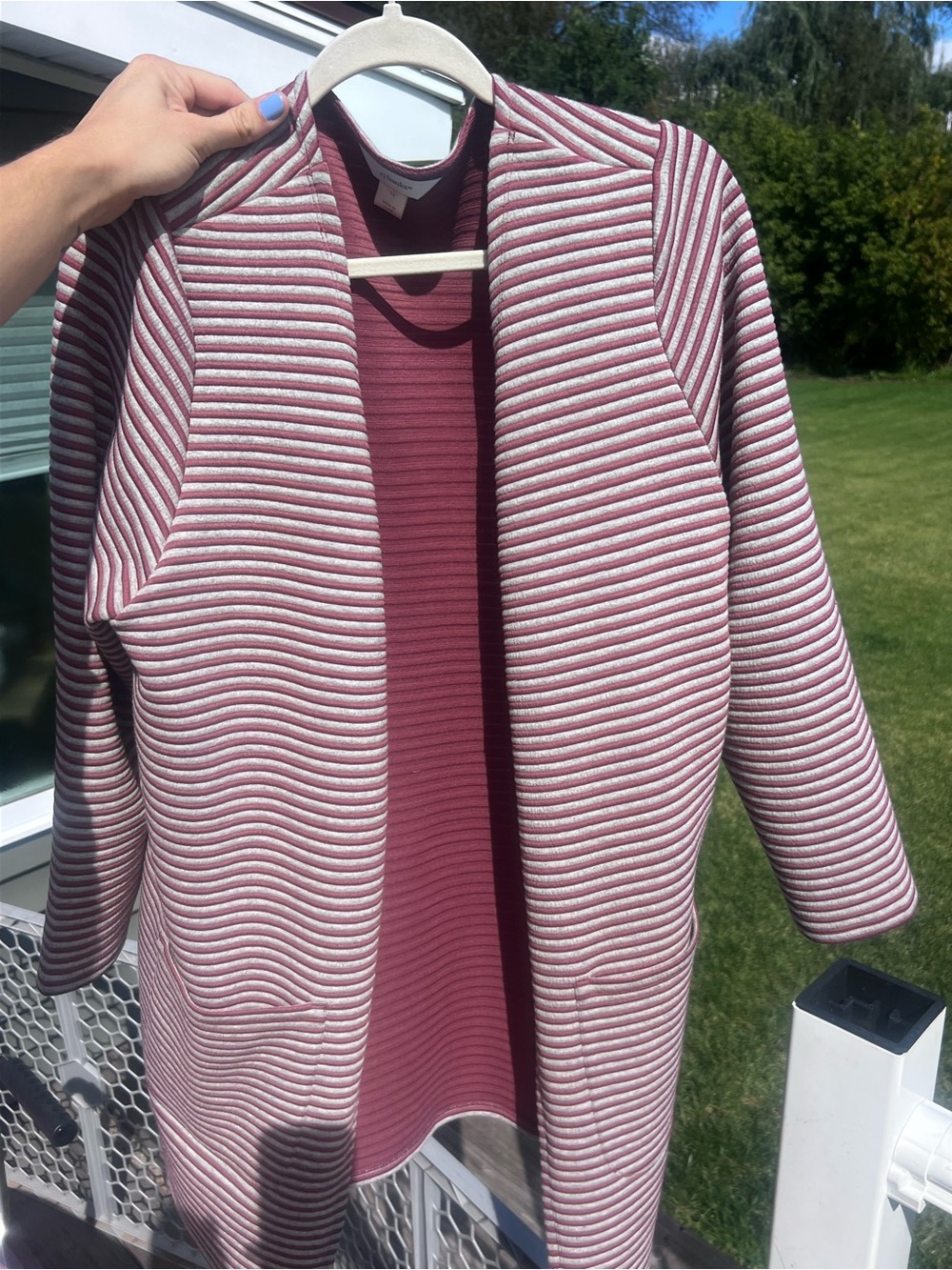 CJ Banks Burgundy Grey Striped Open Front Cardigan 1X